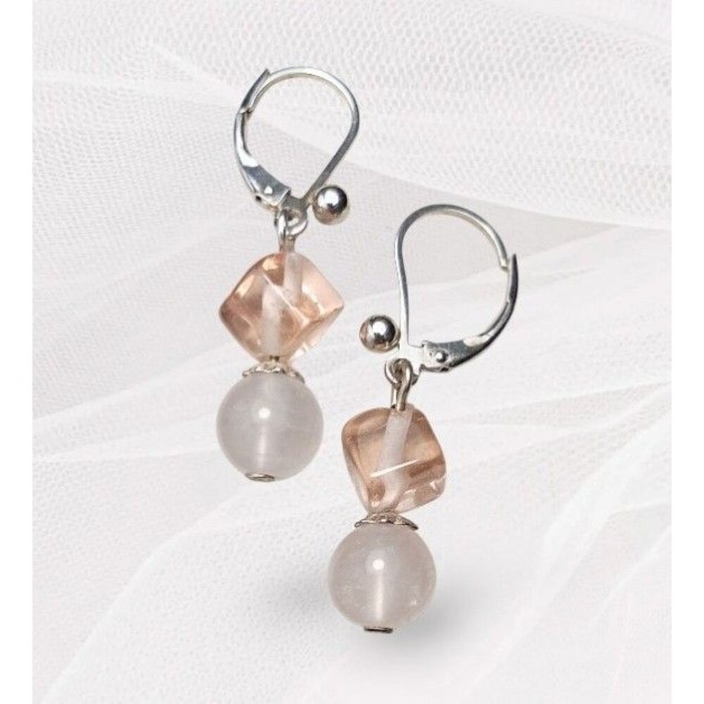 Sterling Silver Rose Quartz Leverback Drop Dangle Earrings Vintage